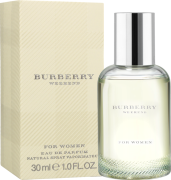 Perfumy Burberry Weekend dla kobiet 30ml w przezroczystej butelce i beżowym pudełku w kratę, widok z przodu.