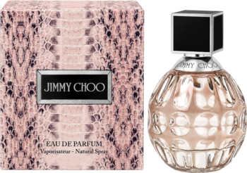 Perfumy Jimmy Choo. Różowo-brązowe opakowanie w wężowy wzór obok fasetowanego flakonu 40ml.
