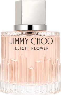 Jimmy Choo Illicit Flower perfumy, butelka 40ml, fasetowane dno, jasnoróżowy płyn, srebrna zakrętka, widok z przodu.