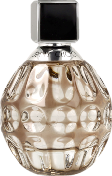 Jimmy Choo perfumy damskie, złocisty flakon z fasetowanym szkłem i srebrną nakrętką, widok z przodu.