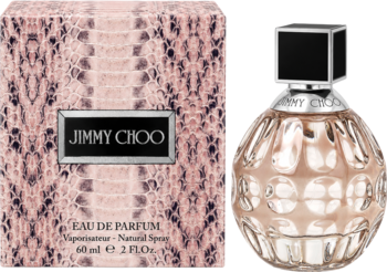 Jimmy Choo EDP 60ml: szklana butelka z fakturą i czarną nakrętką obok pudełka w wężowy deseń, z przodu.