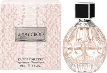 Flakon wody toaletowej Jimmy Choo 60ml w karbowanym szkle z czarną nakrętką, obok pudełko o wzorze wężowej skóry.
