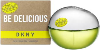 DKNY Be Delicious, perfumy w butelce przypominającej zielone jabłko, obok kartonowego opakowania, widok z przodu.