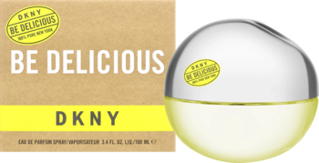 DKNY Be Delicious perfumy, świeży owocowy zapach. Brązowe pudełko i kulisty flakon z żółtym płynem.