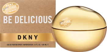 Perfumy DKNY Golden Delicious, złoty flakon w kształcie jabłka obok eleganckiego brązowo-złotego pudełka.