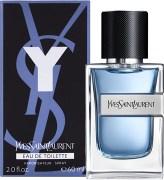 Yves Saint Laurent Y Eau de Toilette męskie, szklana niebieska butelka z kształtem Y, granatowe pudełko.
