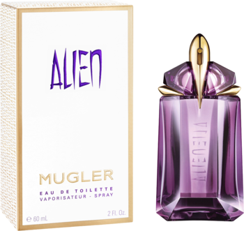 Thierry Mugler Alien EDT: biało-złoty kartonik i fioletowy, rzeźbiony flakon perfum, widok obok siebie.
