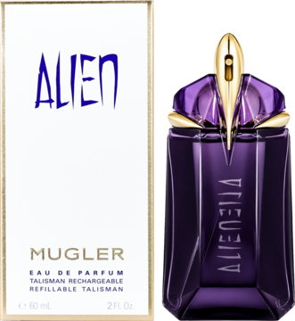 Fioletowa, refillable butelka Alien Talisman Eau de Parfum obok białego pudełka Mugler, widok z przodu.