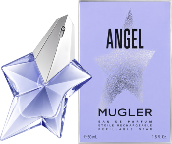 Perfumy Angel Mugler: liliowo-niebieska gwiazdkowa butelka i fioletowe opakowanie z napisem Angel. Widok z przodu.