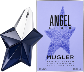 Woda perfumowana Mugler Angel Elixir, gwiazdkowy flakon granatowo-srebrny obok fioletowego opakowania 50ml.