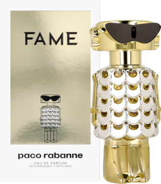 Paco Rabanne Fame EDP. Złoto-srebrny flakon w kształcie modnej kobiety-robota. Obok białe pudełko z napisem FAME.