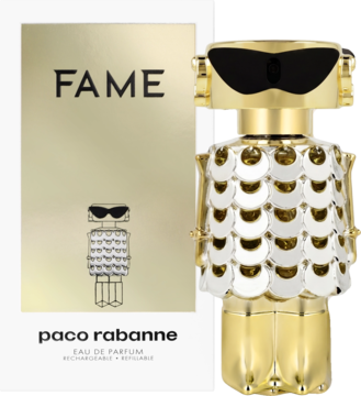 Paco Rabanne Fame EDP: awangardowy złoty flakon-robot w okularach, obok pudełko z logo FAME, widok przód.