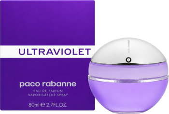 Paco Rabanne Ultraviolet, woda perfumowana damska. Purpurowe pudełko i kulisty flakon z metalową nakrętką, widok z przodu.