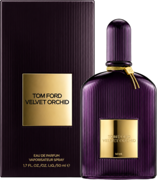 Tom Ford Velvet Orchid Eau de Parfum w fioletowym, prążkowanym flakonie ze złotym akcentem obok pasującego pudełka.
