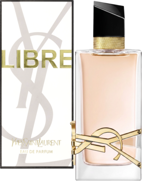 Yves Saint Laurent Libre EDP dla kobiet: flakon z złotym logo YSL i pudełko z przodu, na ciemnym tle.