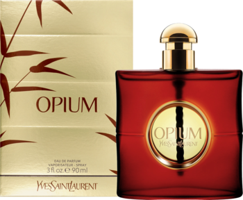 YSL Opium, orientalna woda perfumowana 90ml. Czerwona butelka ze złotym korkiem i beżowe pudełko z bambusem.