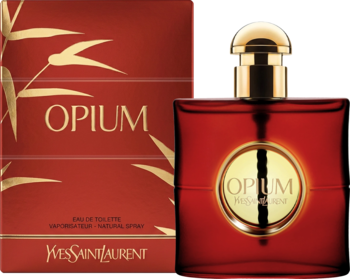 YSL Opium orientalna woda toaletowa w czerwonej butelce i pasującym pudełku z bambusowym wzorem, widok z przodu.