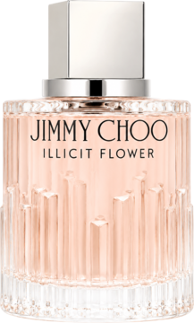 Jimmy Choo Illicit Flower: perfumy kwiatowe w szklanej butelce z różowym płynem, srebrny korek, widok z przodu.