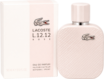 Lacoste L.12.12 Rose 50ml EDP, różowy flakon z fakturą obok białego pudełka, widok z przodu pod kątem.