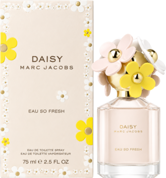 Marc Jacobs Daisy Eau So Fresh EDT 75ml. Butelka z kwiatową nakrętką i różowym płynem, obok białe pudełko w stokrotki.