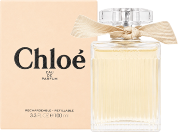 Chloe Signature, woda perfumowana 100ml, flakon z pionowymi żłobieniami i beżową wstążką, obok pudełko.