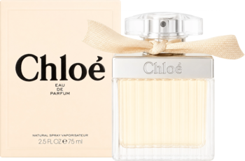 Chloe Signature Eau de Parfum damska w szklanej butelce z kokardką, obok beżowe opakowanie.