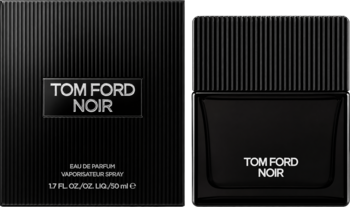 Tom Ford Noir Eau de Parfum, czarny matowy flakon obok pudełka z pionowymi żłobieniami, widok z przodu.