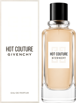 Jasny flakon Givenchy Hot Couture Eau de Parfum z czarną nakrętką obok białego kartonowego opakowania.