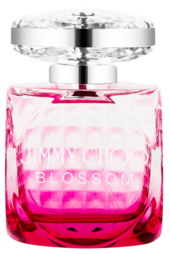 Jimmy Choo Blossom woda perfumowana, różowy flakon z geometrycznymi zdobieniami i kryształowym korkiem.