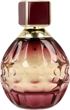 Jimmy Choo Fever woda perfumowana w fioletowo-złotej butelce z fakturą, widok z przodu, z napisem.