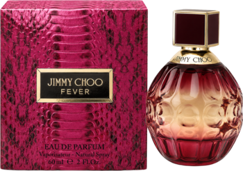 Jimmy Choo Fever woda perfumowana: owalna butelka z czerwonym gradientem i tłoczeniami, obok fuksjowe pudełko w skórę pytona.