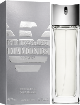 Srebrne, wzorzyste pudełko i prostokątny, szklany flakon Emporio Armani Diamonds For Men EDT 75ml.