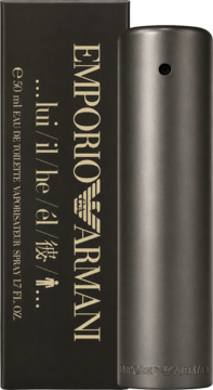Emporio Armani He męska woda toaletowa 50ml. Grafitowa, matowa butelka obok pionowego pudełka.
