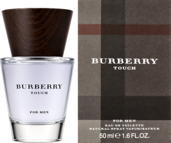 Woda toaletowa Burberry Touch For Men, flakon z drewnianą nakrętką i pudełko w kratę, widok z przodu.