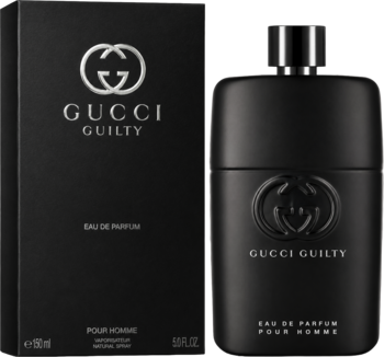 Gucci Guilty Pour Homme, czarna butelka wody perfumowanej z metalowym korkiem i pudełko z logo, widok z przodu.