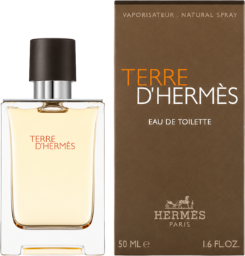 Woda toaletowa Terre d'Hermès 50 ml dla mężczyzn, szklana butelka i brązowe pudełko z pomarańczowymi detalami.