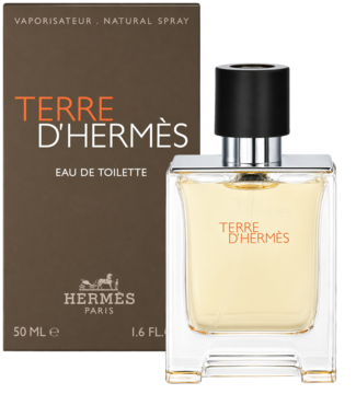 Terre d'Hermès woda toaletowa, męski zapach w szklanej butelce obok brązowego opakowania, frontalny widok.