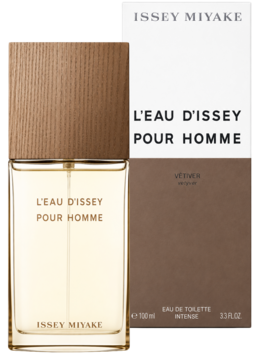 Issey Miyake L'Eau d'Issey Pour Homme Vétiver. Szklana butelka z drewnianym korkiem obok białego pudełka.