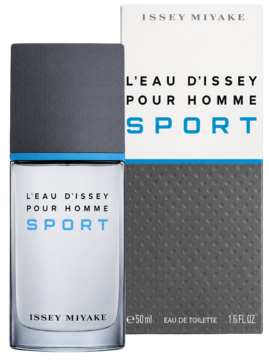 Issey Miyake L'eau D'Issey Pour Homme Sport 50ml EDT, butelka z szarym korkiem i pudełko obok, widok z przodu.