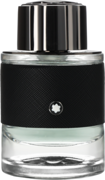 Montblanc Explorer woda perfumowana dla mężczyzn, zbliżenie na flakon z czarnym, teksturowanym pasem i srebrną nakrętką.