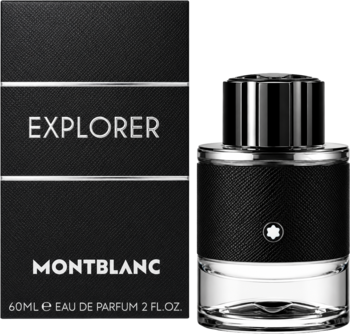 Montblanc Explorer woda perfumowana męska, czarne pudełko i szklana butelka ze skórzanym pierścieniem, widok z przodu.