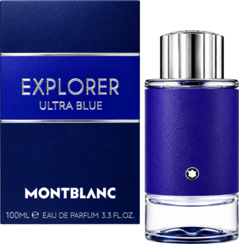 Montblanc Explorer Ultra Blue męska woda perfumowana, ciemnoniebieska butelka z srebrnym korkiem, obok pudełka.