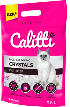 Różowy worek Calitti Non-Clumping Crystals Cat Litter, 3.8L, z białym kotem i napisem 'new' na froncie.
