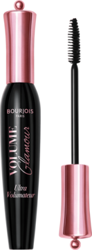 Czarny tusz Bourjois Volume Glamour Ultra Volumateur z różowo-złotą zakrętką, obok wyjęta szczoteczka.