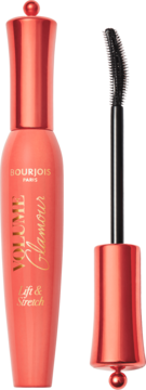 Koralowy tusz Bourjois Volume Glamour Lift & Stretch z wyjętą silikonową szczoteczką, widok z przodu.