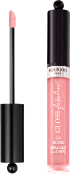 Różowy błyszczyk nawilżający Bourjois Fabuleux Gloss z połyskiem, w tubce, z wysuniętym aplikatorem.
