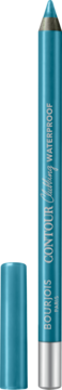 Metaliczna, turkusowa kredka do oczu Bourjois Contour Clubbing Waterproof, stojąca z odłożoną skuwką.