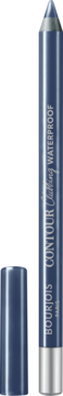 Niebieska, metaliczna kredka Bourjois Contour Clubbing Waterproof nr 76 z otwartą skuwką na czarnym tle.