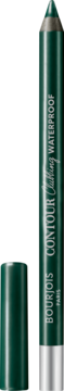 Pionowa zielona kredka Bourjois Contour Clubbing Waterproof, ze zdjętą skuwką, na czarnym tle.