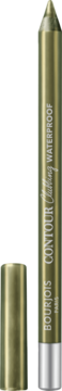 Otwarta, oliwkowa kredka do oczu Bourjois Contour Clubbing Waterproof. Widoczny napis i szpiczasta końcówka.